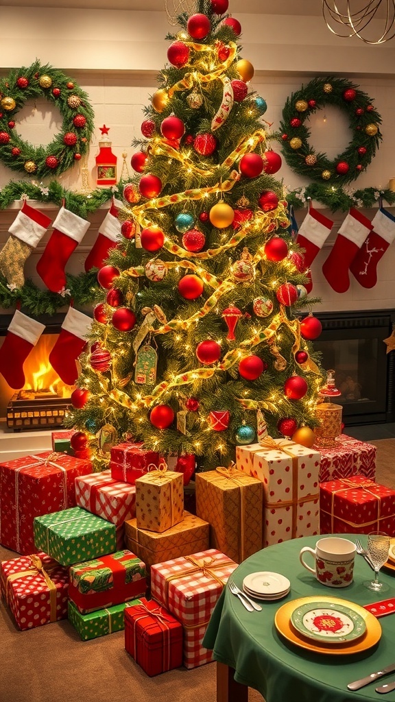 A decorated Christmas tree with gifts, stockings, and holiday tableware in a cozy setting.